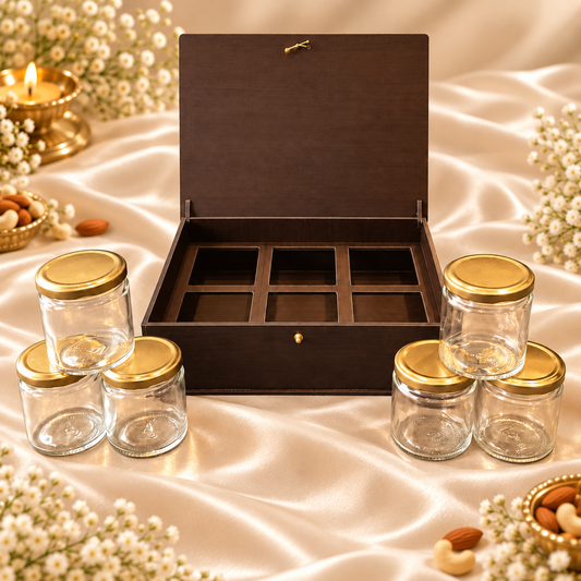 Horizontal Prelam MDF Diwali Box – 6 Glass Jars (100gm) – primary view on cream satin background
