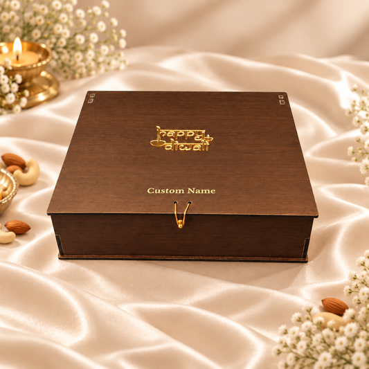 Horizontal Prelam MDF Diwali Box – 6 Glass Jars (100gm) – secondary view on cream satin background