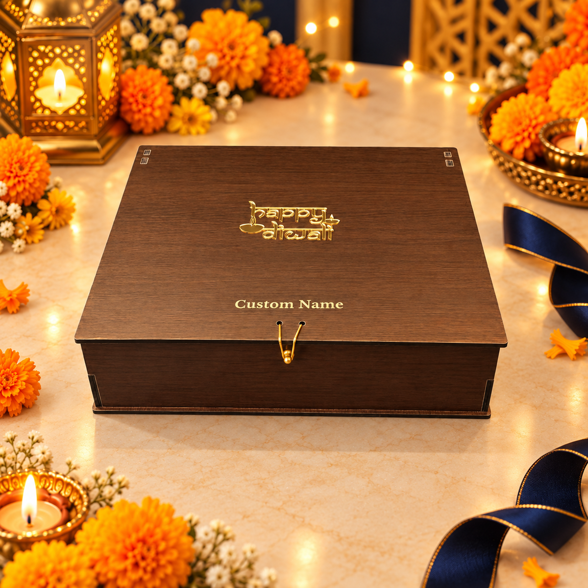 Horizontal Prelam MDF Diwali Box – 6 Glass Jars (100gm) – secondary view in Diwali setting