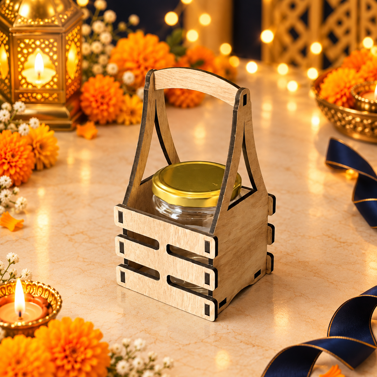 Prelam MDF Jar Basket + 1 Glass Jar (100gm) – primary view in Diwali setting