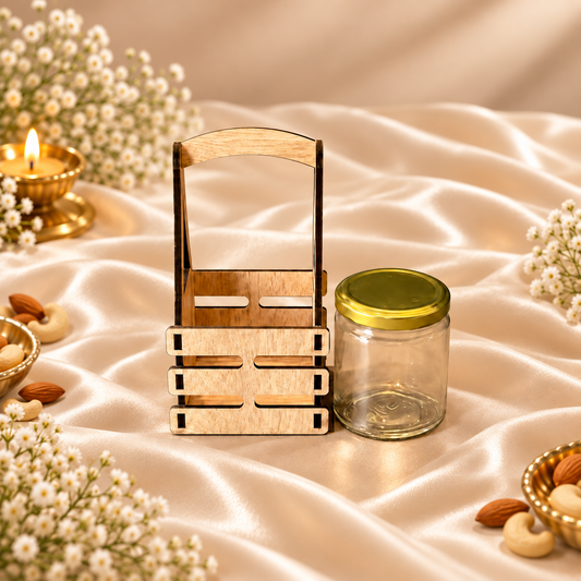 Prelam MDF Jar Basket + 1 Glass Jar (100gm) – secondary view on cream satin background