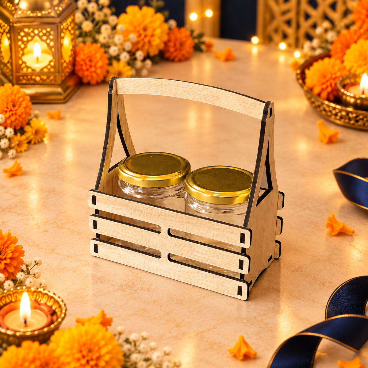 Prelam MDF Jar Basket + 2 Glass Jars (100gm) – primary view in Diwali setting