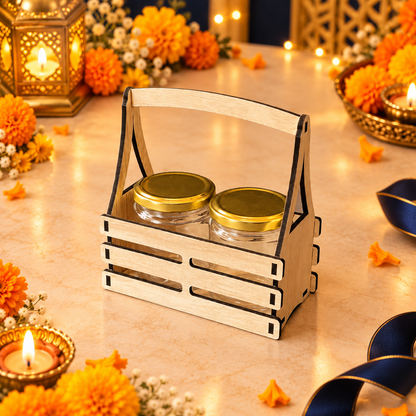 Prelam MDF Jar Basket + 2 Glass Jars (100gm) – primary view in Diwali setting