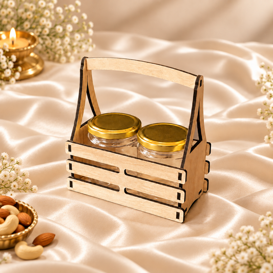 Prelam MDF Jar Basket + 2 Glass Jars (100gm) – primary view on cream satin background