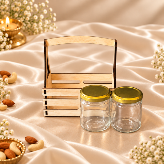 Prelam MDF Jar Basket + 2 Glass Jars (100gm) – secondary view on cream satin background