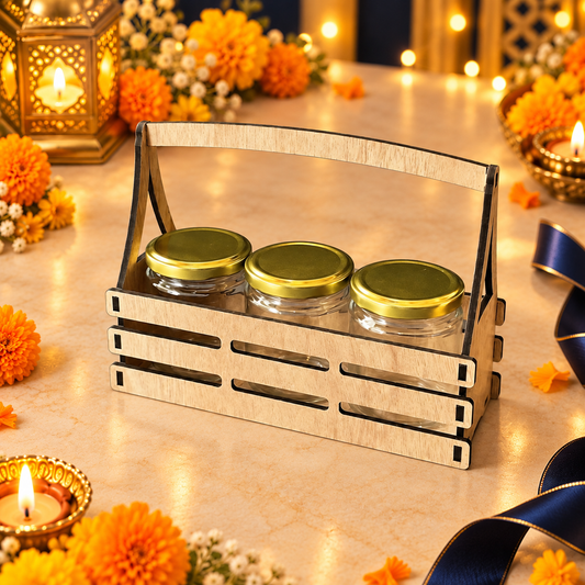 Prelam MDF Jar Basket + 3 Glass Jars (100gm) – primary view in Diwali setting