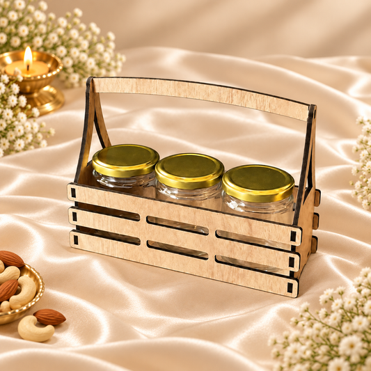 Prelam MDF Jar Basket + 3 Glass Jars (100gm) – primary view on cream satin background