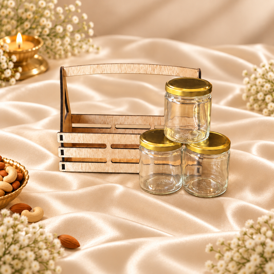 Prelam MDF Jar Basket + 3 Glass Jars (100gm) – secondary view on cream satin background