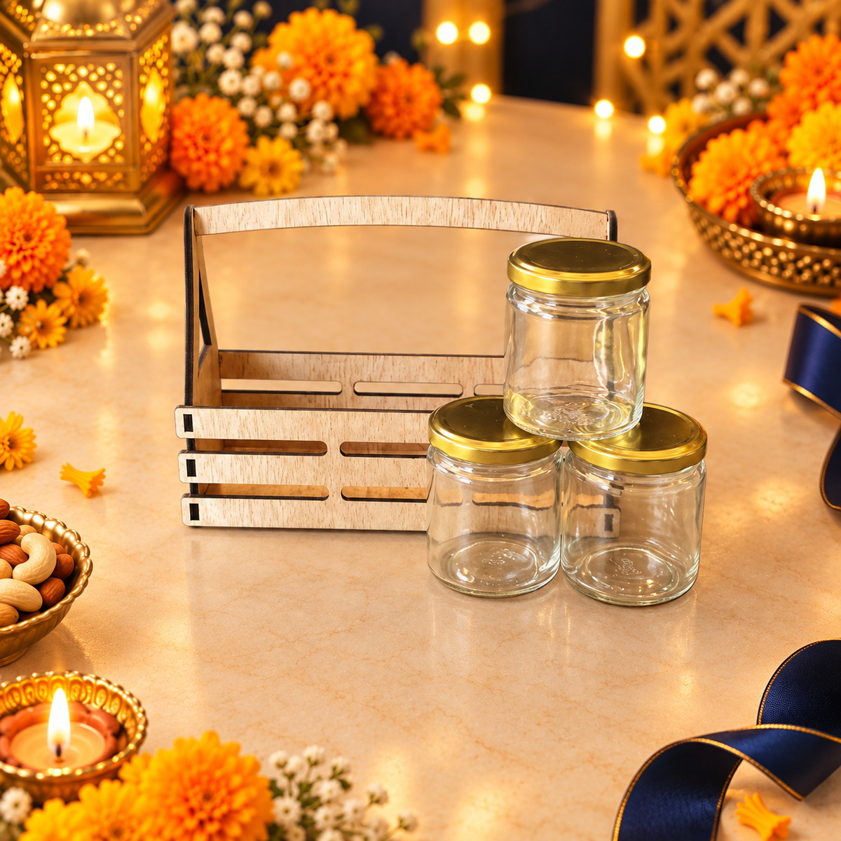 Prelam MDF Jar Basket + 3 Glass Jars (100gm) – secondary view in Diwali setting