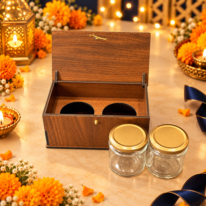 Vertical Prelam MDF Diwali Box – 2 Glass Jars (100gm) – primary view in Diwali setting