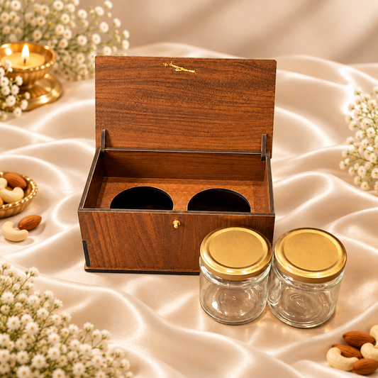 Vertical Prelam MDF Diwali Box – 2 Glass Jars (100gm) – primary view on cream satin background