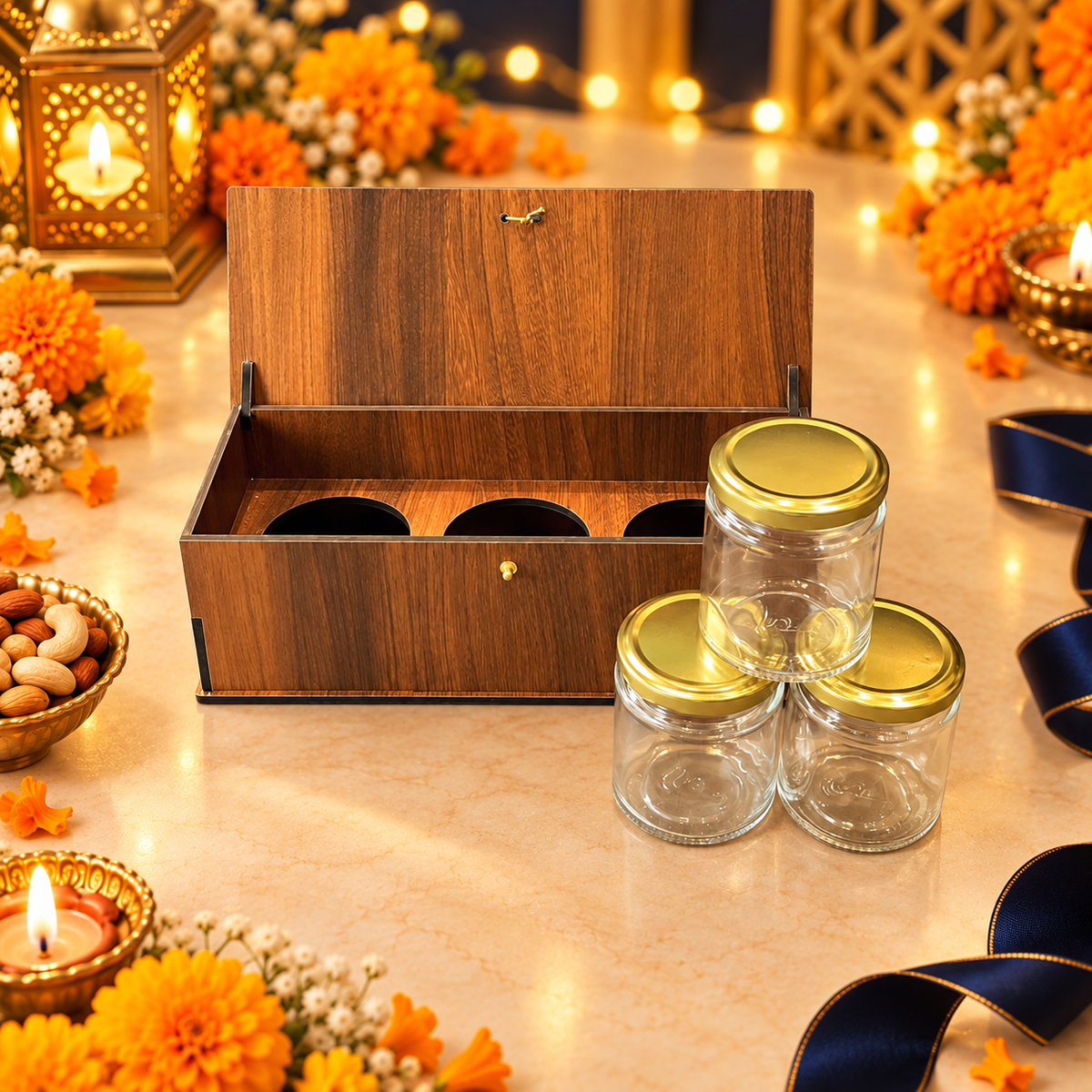 Vertical Prelam MDF Diwali Box – 3 Glass Jars (100gm) – primary view in Diwali setting