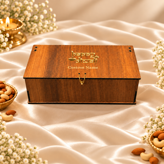 Vertical Prelam MDF Diwali Box – 3 Glass Jars (100gm) – secondary view on cream satin background
