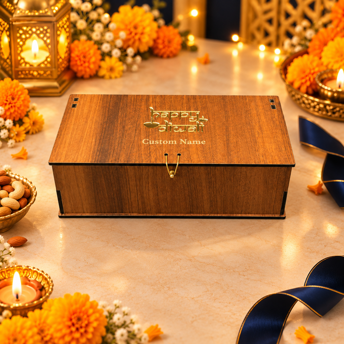 Vertical Prelam MDF Diwali Box – 3 Glass Jars (100gm) – secondary view in Diwali setting