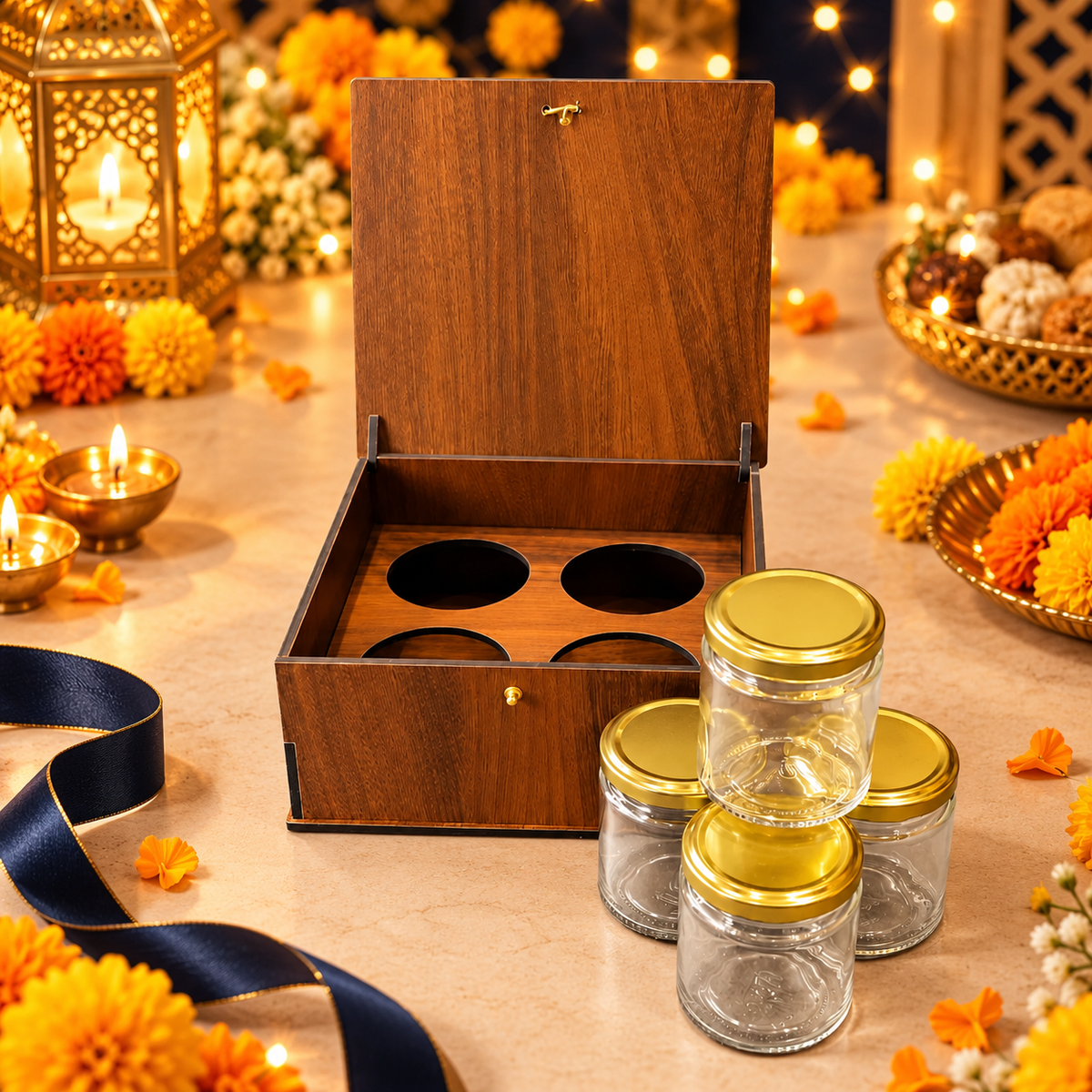 Vertical prelam MDF Diwali box with four glass jars – open view