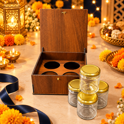 Vertical prelam MDF Diwali box with four glass jars – open view