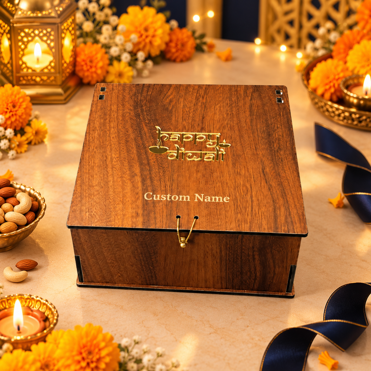 Vertical prelam MDF Diwali box with four glass jars – front view