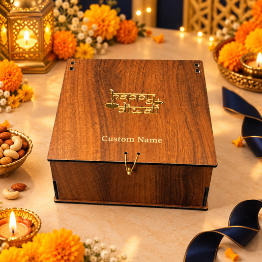 Vertical prelam MDF Diwali box with four glass jars – front view