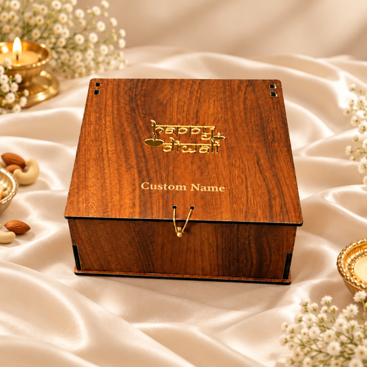 Vertical Prelam MDF Diwali Box – 4 Glass Jars (100gm) front view, minimalist satin background