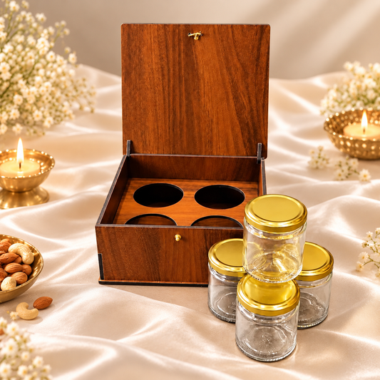 Vertical Prelam MDF Diwali Box – 4 Glass Jars (100gm) open view, minimalist satin background